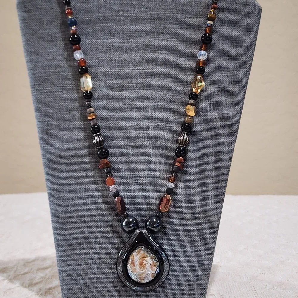 Artisan BOHO Earth Tone Large Blown Glass Swirl Pendant Beaded Long Necklace
